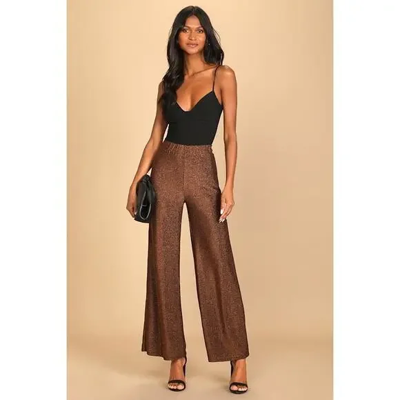 Lulus Follow The Festivities Copper Wide-leg High-waisted Pants Gold - Size L - Picture 1 of 1